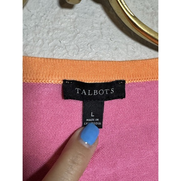 Talbots Orange Pink Large  Cardigan Pink‎ Trim Button Down Knit Preppy - Picture 2 of 3